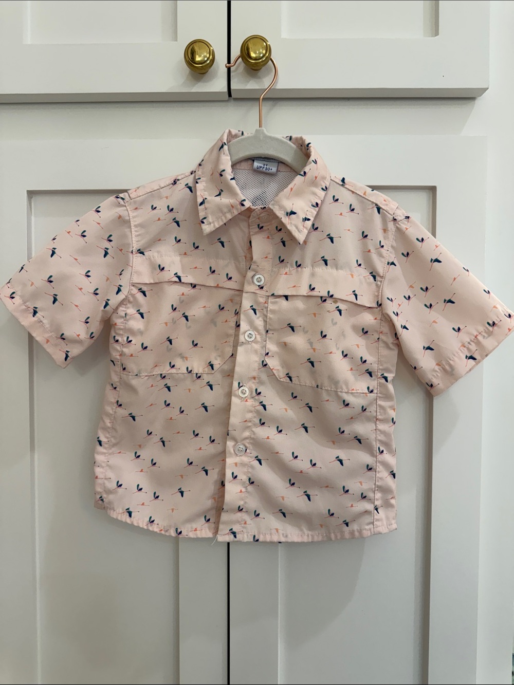 Blue Quail Light Peach Short Sleeve Shirt with Flying Cranes Print 2T